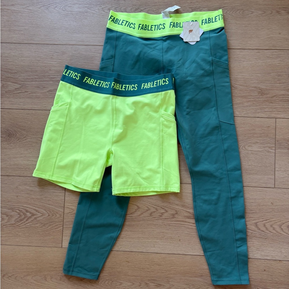 Fabletics Women’s Teal and Neon Yellow Bike Shorts and Leggings Set